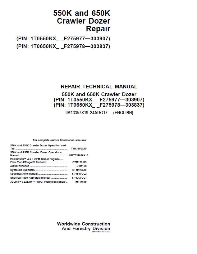 John Deere 550K, 650K Crawler Dozer Technical Manual TM13357X19