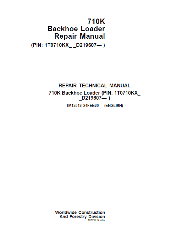 John Deere 710K Backhoe Loader Repair Technical Manual 