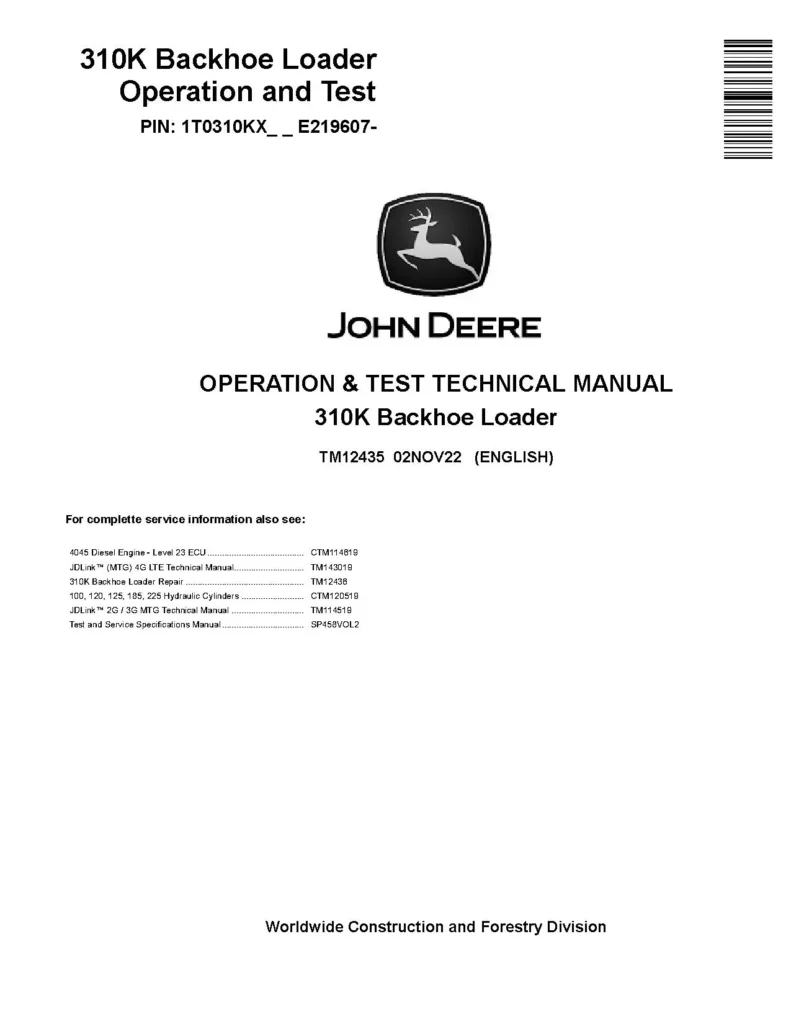 John Deere 310K Backhoe Loaders Operation and Test Manual TM12435