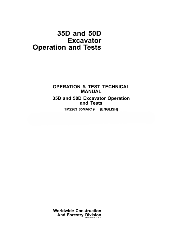John Deere 35D - 50D Mini Excavator Operation & Test Manual PDF