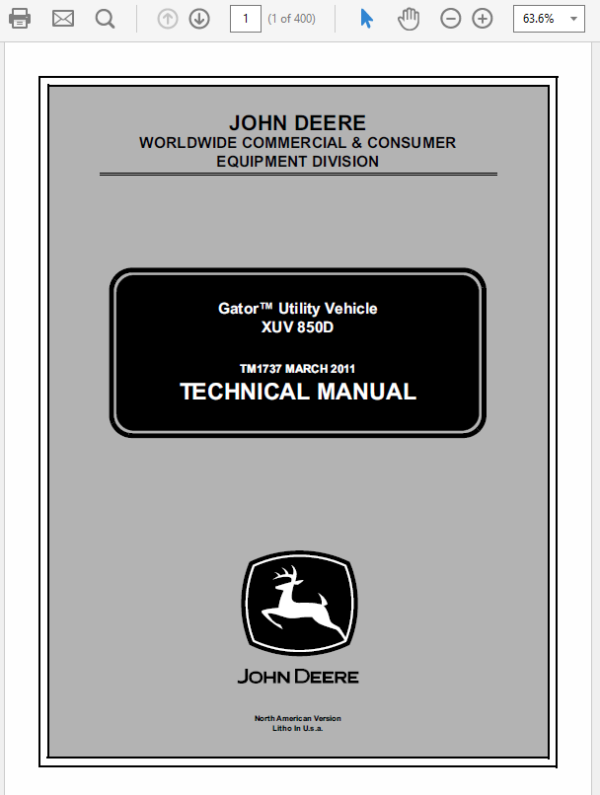 John Deere XUV 850D Gator Utility Vehicle Technical Manual TM1737
