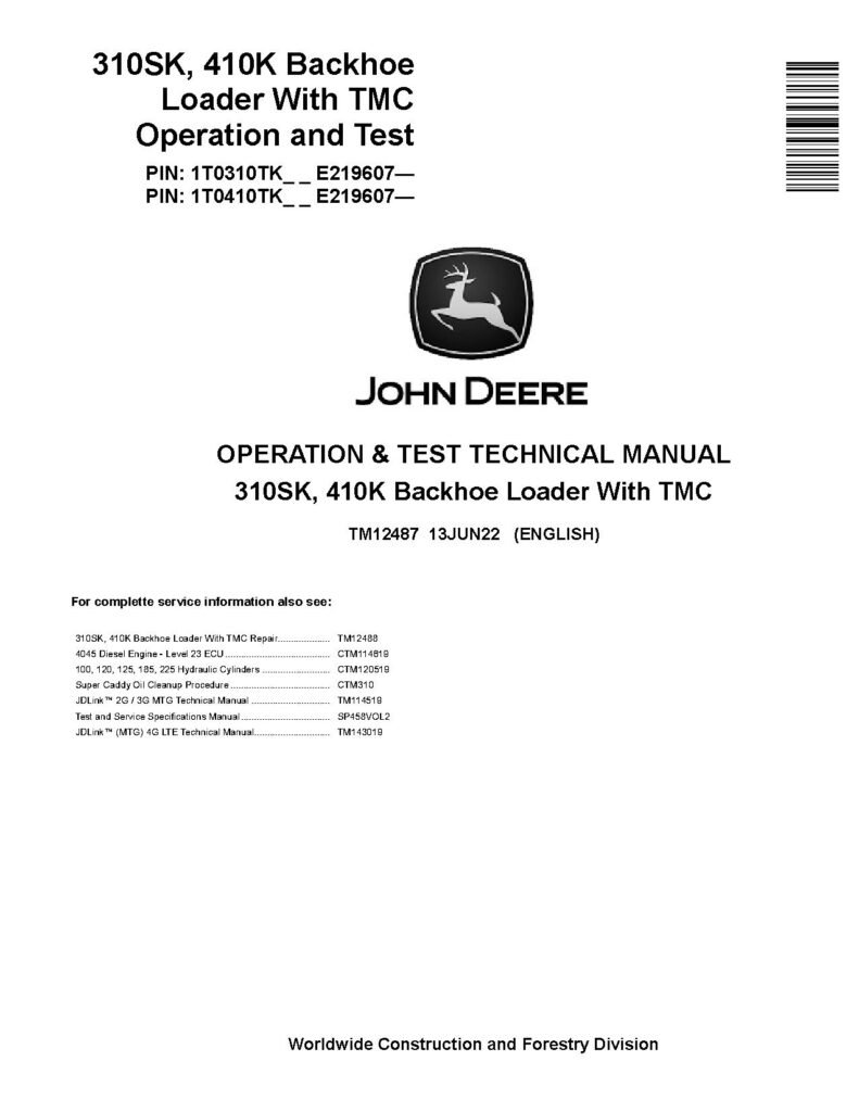 410SK John Deere 310K & 410SK TMC Backhoe Operation & Test Manual