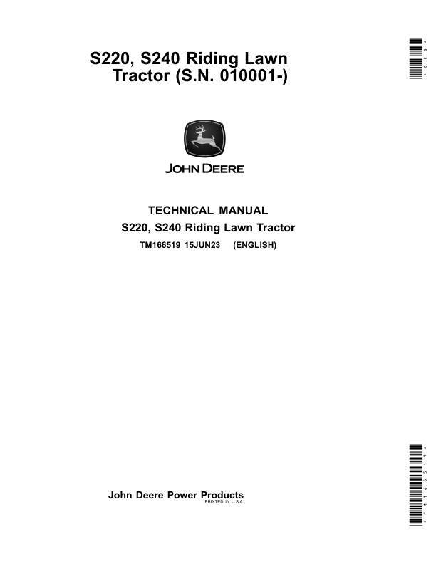 John Deere S220 John Deere S220,S240 Riding Lawn Tractors Technical Manual