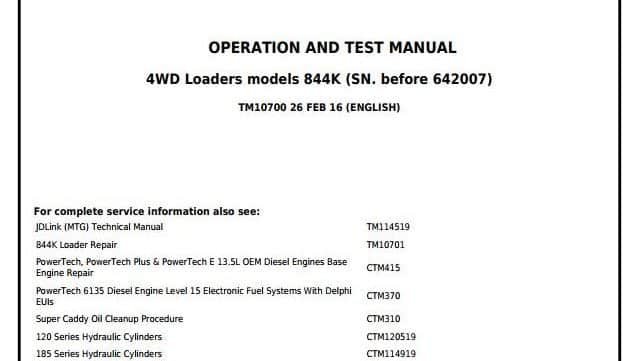 John Deere 844K 4WD Loader Operator Test Manual