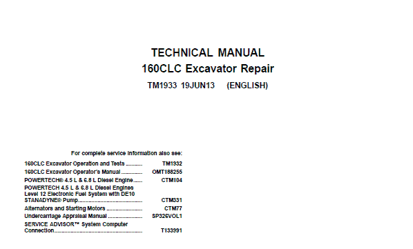 John Deere 160CLC Excavator Repair Technical Manual
