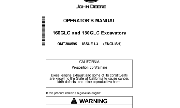 John Deere 160GLC and 180GLC Excavator Operators Manual