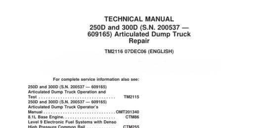 John Deere 250D and 300D Articulated Dump Truck Operation & Test Manual
