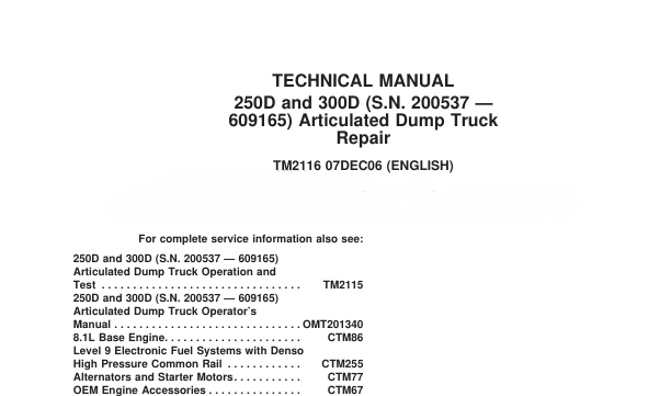 John Deere 250D and 300D Articulated Dump Truck Operation & Test Manual