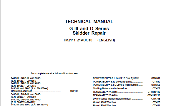 John Deere 540G-III 640G-III 548G-III Skidder Repair Manual TM2111