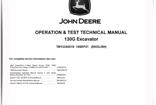 John Deere 130GLC Excavator Operation and Test Manual TM13344X19