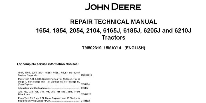 John Deere 1654 1854 2054 2104 6165J 6185J 6205J 6210J Tractors Repair Manual TM802319
