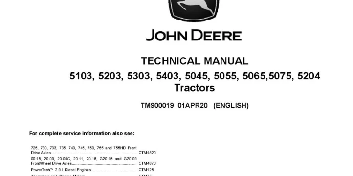 John Deere 5045D/E, 5055D/E, 5065E, 5075E, 5103, 5203, 5204, 5303 and 5403 Tractors (USA, Australia, Latin America) Technical Manual TM900019