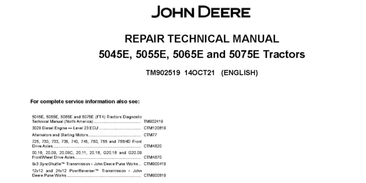 John Deere 5045E, 5055E, 5065E and 5075E FT4 Tractors (SN. from 748241) Repair Manual TM902519