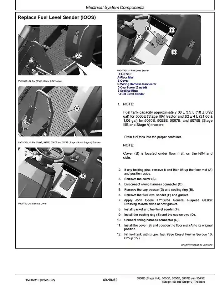 John Deere 5050E (Stage IIIA), 5058E, 5067E, 5075E (Stage IIIB and Stage V) Tractors (SN. from 045554) Repair Manual TM902319
