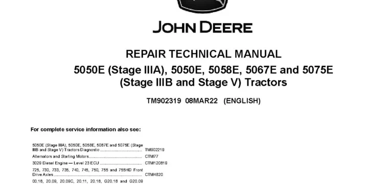 John Deere 5050E (Stage IIIA), 5058E, 5067E, 5075E (Stage IIIB and Stage V) Tractors (SN. from 045554) Repair Manual TM902319