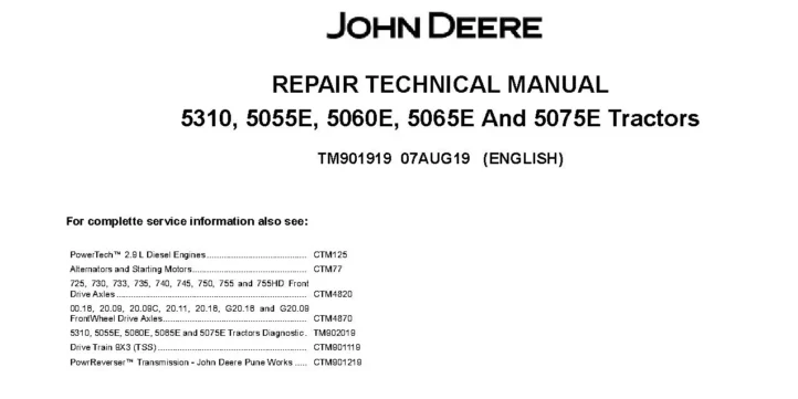 John Deere 5055E John Deere 5055E, 5060E, 5065E, 5075E and 5310 Tractors (India, Asia) Repair Manual TM901919