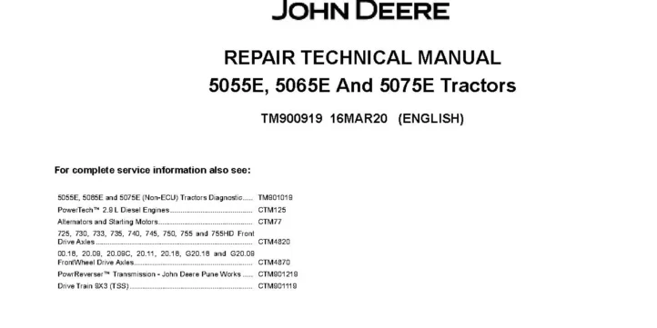 John Deere 5055E John Deere 5055E, 5065E and 5075E Tractors (North American Edition, up to MY13) Repair Manual TM900919