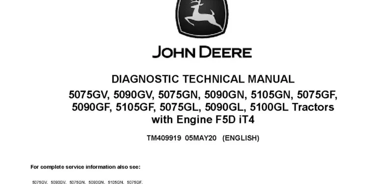 John Deere 5075GF GL GN GV 5090GF GL GN GV 5100GL 5105GF GN Tractors Diagnostic Manual TM409919