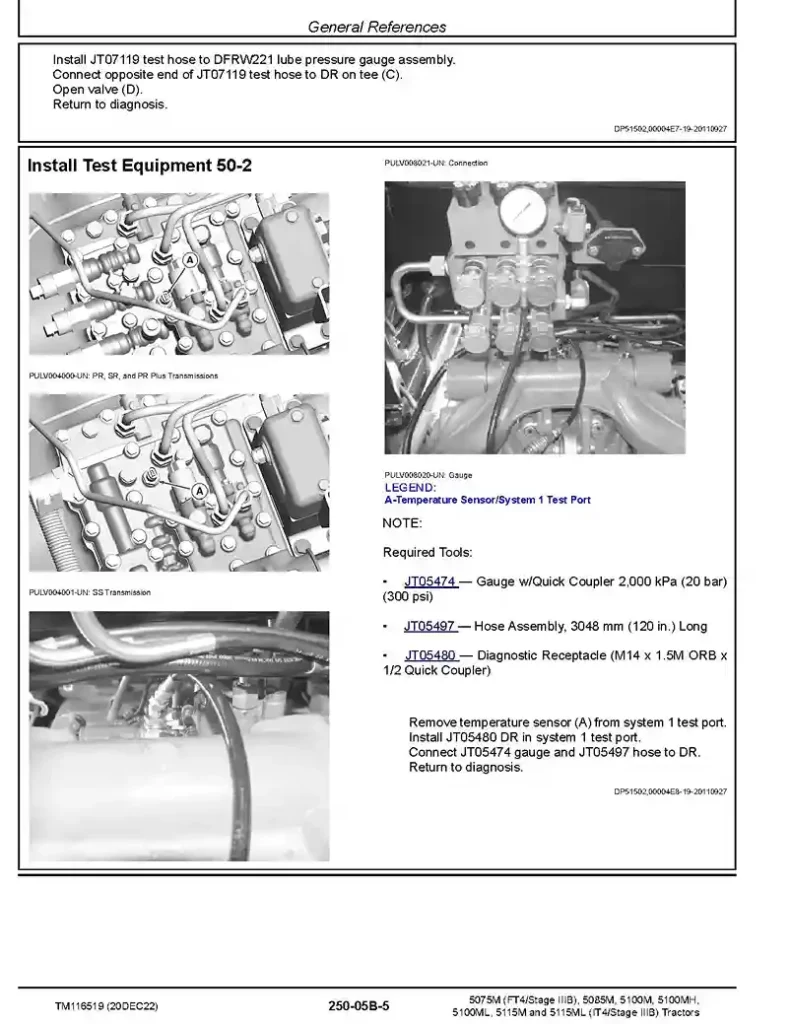 John Deere 5075M (FT4S3B), 5085M, 5100M, 5100MH, 5100ML, 5115M and 5115ML (iT3S3B) Tractors Diagnostic Manual TM116519
