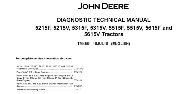 John Deere 5215F 5215V 5315F 5315V 5515F 5515V 5615F 5615V Tractors Diagnostic Manual TM4861