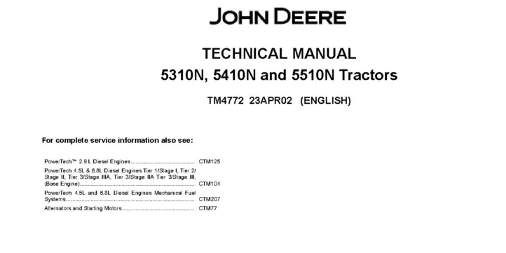 John Deere 5310N John Deere 5310N 5410N 5510N Tractors Technical Manual TM4772