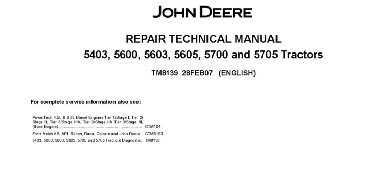John Deere 5403, 5600, 5603, 5605, 5700 and 5705 Tractors (PIN Prefix: CQ) Repair Manual TM8139