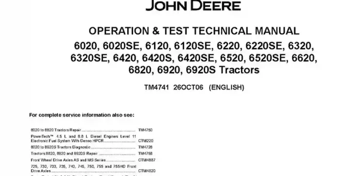 John Deere 6020 John Deere 6020 6020SE 6120 6120SE 6220 6220SE 6320 6320SE 6420 6420S 6420SE 6520 6520SE 6620 6820 6920 6920S Tractors Operation and Test Manual TM4741