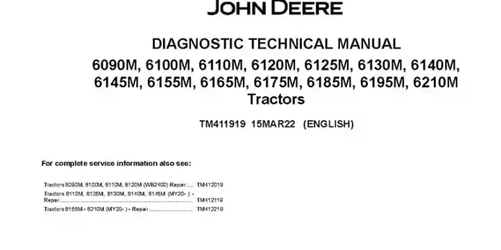John Deere 6090M-6210M Diagnostic Manual TM411919 John Deere 6090M 6100M 6110M 6120M 6125M 6130M 6140M 6145M 6155M 6165M 6175M 6185M 6195M 6210M Tractors Diagnostic Manual TM411919