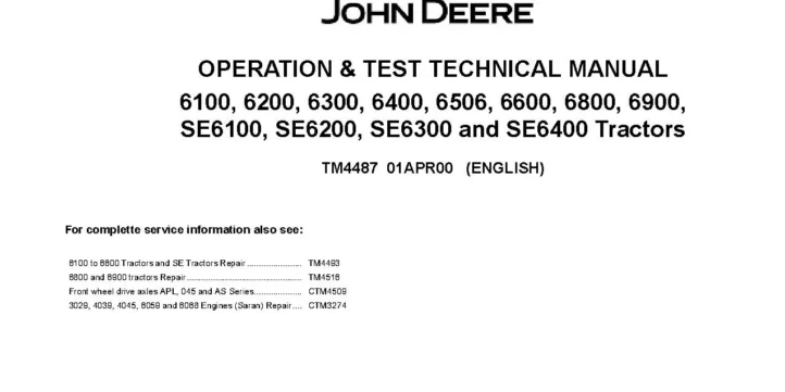 John Deere 6100 6100SE 6200 6200SE 6300 6300SE 6400 6400SE 6506 6600 6800 6900 Tractors Operation and Test Manual TM4487