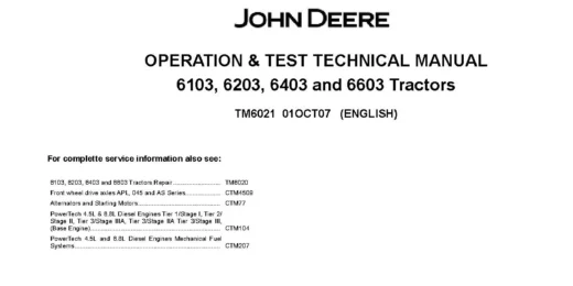 John Deere 6103 6203 6403 6603 Tractors Operation and Test Manual TM6021