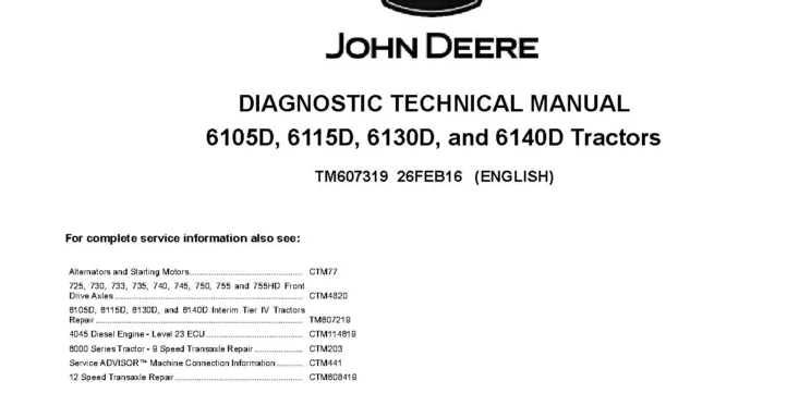 John Deere 6105D 6115D 6130D 6140D iT4/S3B Tractors Diagnostic Manual TM607319 John Deere 6105D 6115D 6130D 6140D iT4/S3B Tractors Diagnostic Manual TM607319