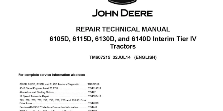 John Deere 6105D 6115D 6130D 6140D iT4 Tractors Repair Manual TM607219
