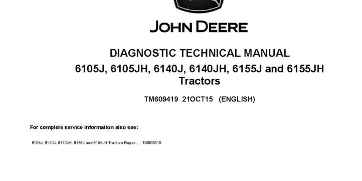 John Deere 6105J 6105JH 6140J 6140JH 6155J 6155JH Tractors Diagnostic Manual TM609419
