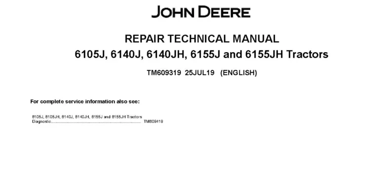 John Deere 6105J John Deere 6105J 6140J 6140JH 6155J 6155JH Tractors Repair Manual TM609319