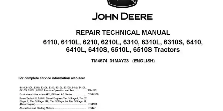 John Deere 6110 6110L 6210 6210L 6310 6310L 6310S 6410 6410L 6410S 6510L 6510S Tractors Repair Manual TM4574 John Deere 6110 6110L 6210 6210L 6310 6310L 6310S 6410 6410L 6410S 6510L 6510S Tractors Repair Manual TM4574