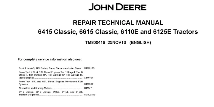 John Deere 6110E John Deere 6110E 6125E 6415 6615 Classic Tractors Repair Manual TM800419