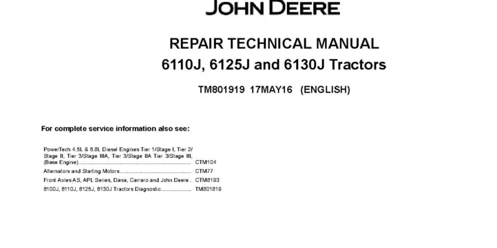 John Deere 6110J 6125J 6130J Tractors Repair Manual TM801919
