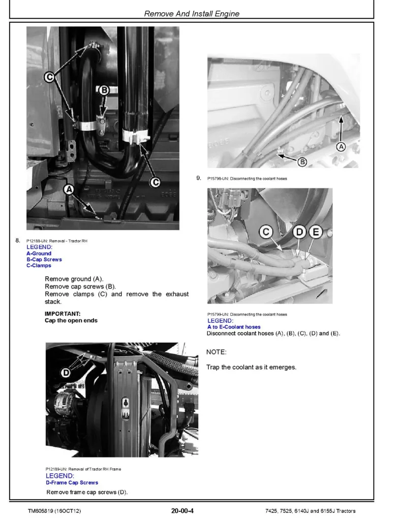 John Deere 6140J 6155J 7425 7525 Tractors Repair Manual TM605819
