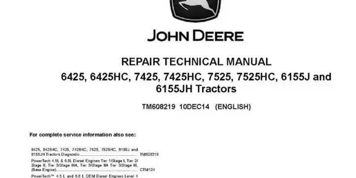 John Deere 6155J 6155JH 6425 6425HC 7425 7425HC 7525 7525HC Tractors Repair Manual TM608219
