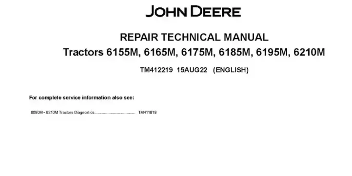John Deere 6155M 6165M 6175M 6185M 6195M 6210M Tractors Repair Manual TM412219