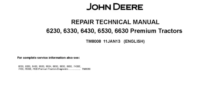 John Deere 6230 John Deere 6230 6330 6430 6530 6630 Premium Tractors Repair Manual TM8008