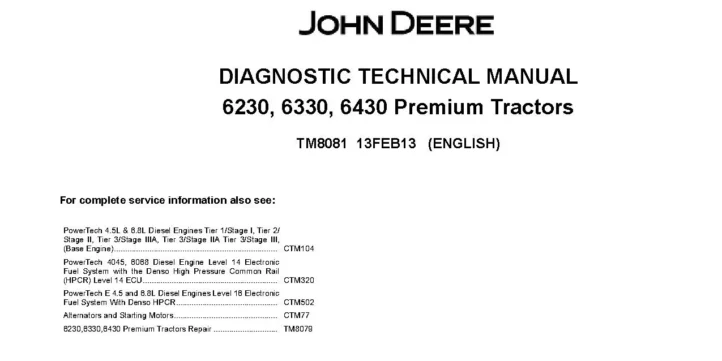 John Deere 6230 John Deere 6230 Premium 6330 Premium 6430 Premium Tractors Diagnostic Manual TM8081