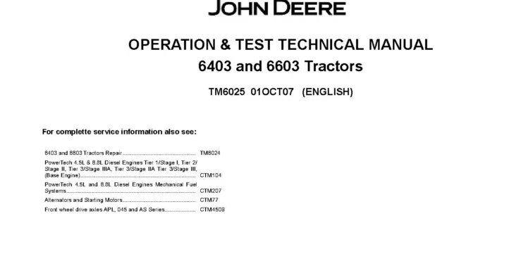 John Deere 6403 6603 Tractors Operation and Test Manual TM6025