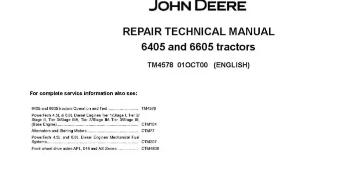 John Deere 6405 6605 Tractors Repair Manual TM4578