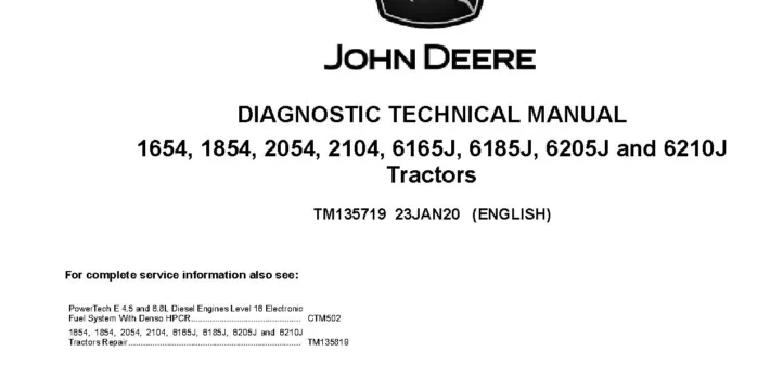 John Deere 6J-1654 6J-1854 6J-2054 6J-2104 6165J 6185J 6205J 6210J Tractors Diagnostic Manual TM135719