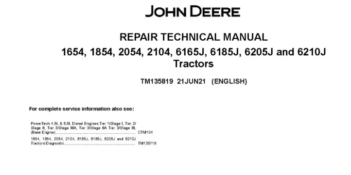 John Deere 6J John Deere 6J-1654 6J-1854 6J-2054 6J-2104 6165J 6185J 6205J 6210J Tractors Repair Manual TM135819