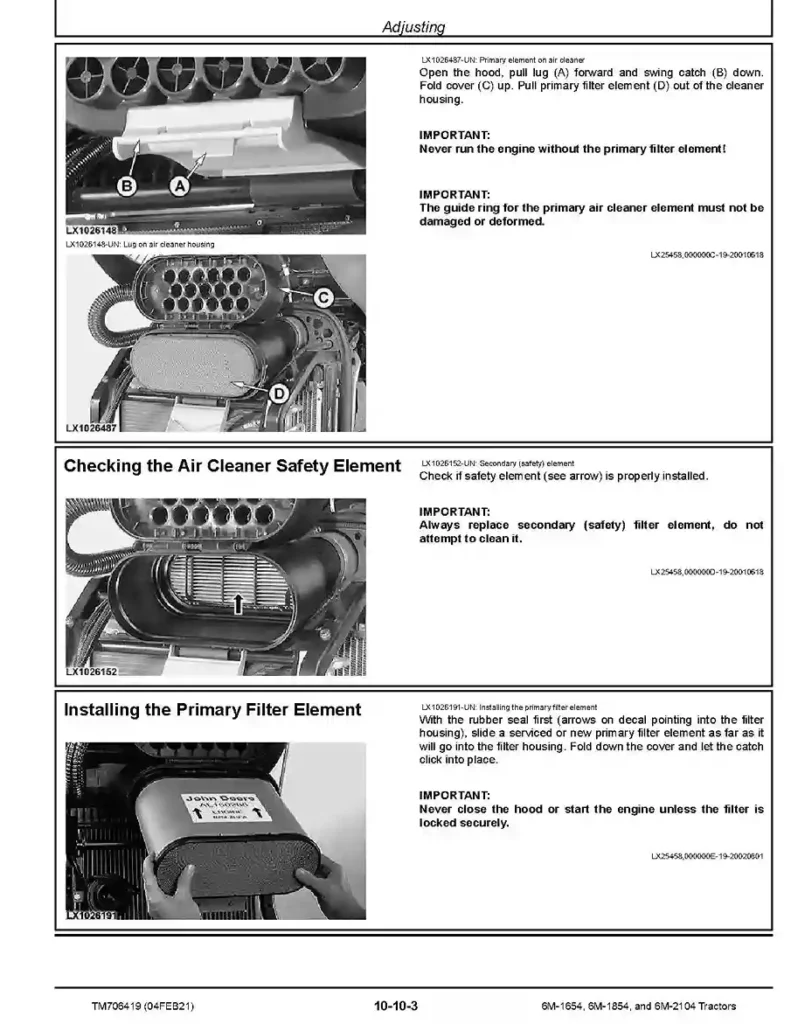 John Deere 6M-1654 6M-1854 6M-2104 Tractors Repair Manual TM706419