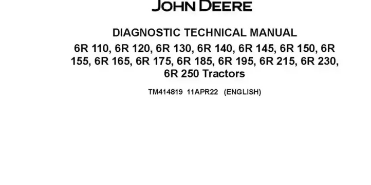 John Deere 6R 110 6R 120 6R 130 6R 140 6R 145 6R 150 6R 155 6R 165 6R 175 6R 185 6R 195 6R 215 6R 230 6R 250 Tractors Diagnostic Manual TM414819