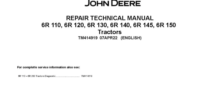 John Deere 6R 110 John Deere 6R 110 6R 120 6R 130 6R 140 6R 145 6R 150 Tractors Repair Manual TM414919
