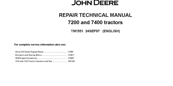 John Deere 7200 7400 Tractors Repair Manual TM1551